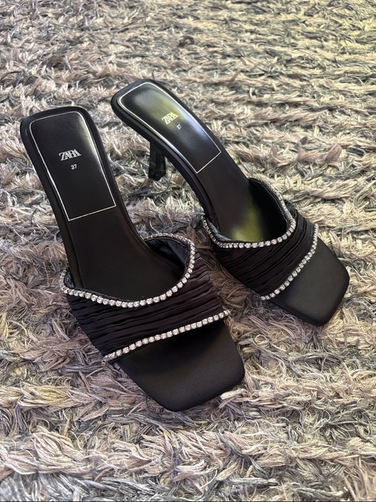 Zara Shoes - New Zara Black Ruched Crystal-Trim Slide Heels Size 37